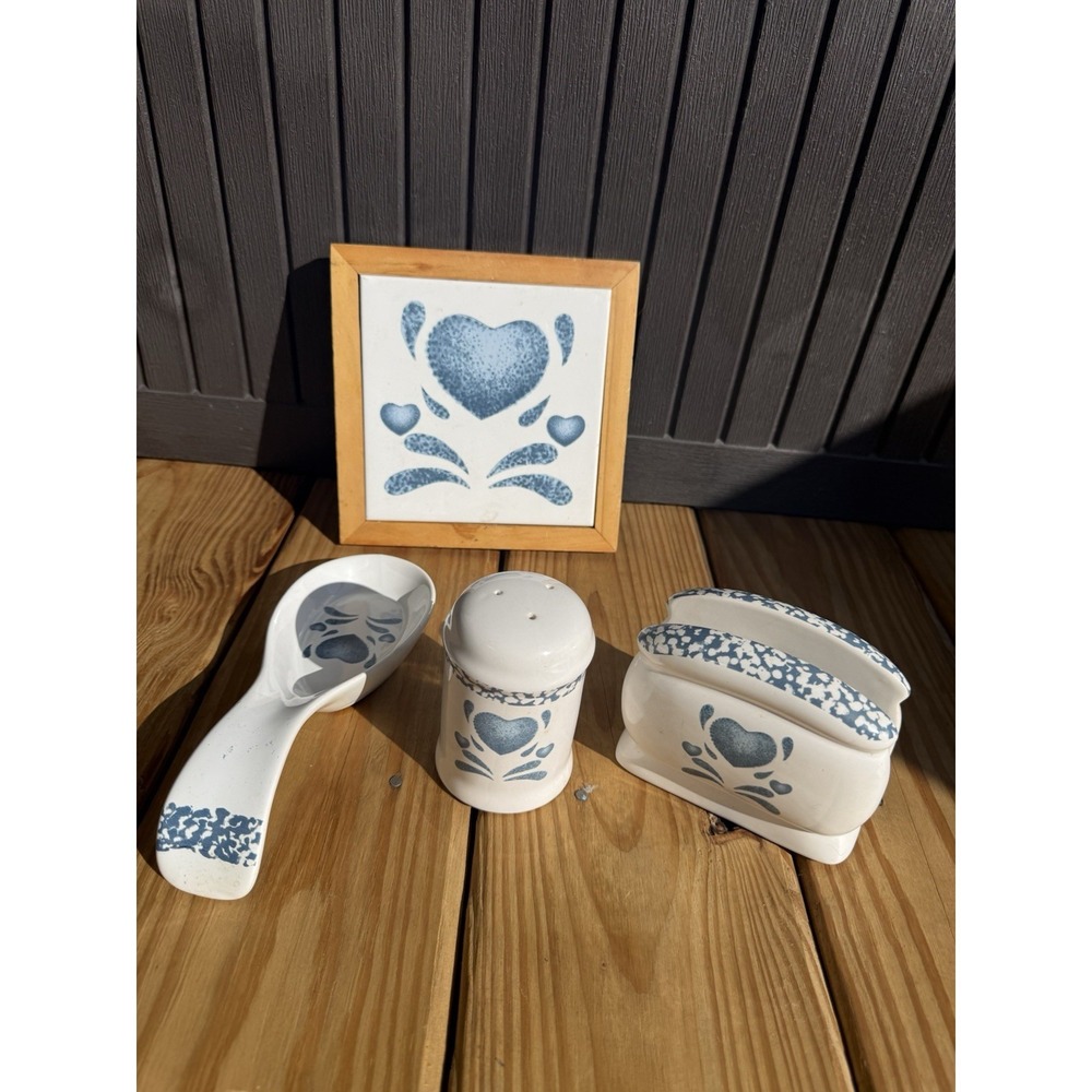Vintage Corelle Blue Hearts Napkin Holder & Square Trivet Spoon Holder By Jay